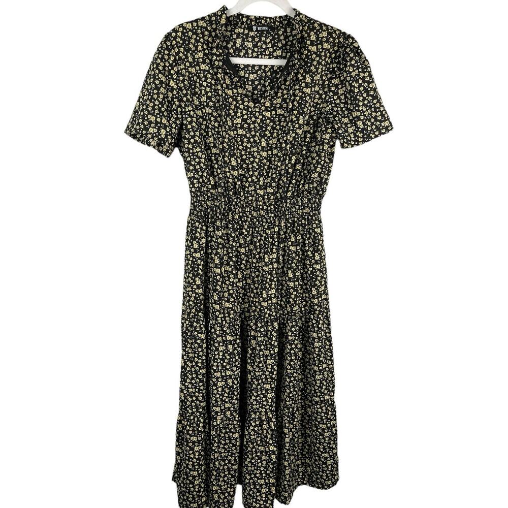 BTFBM Bohemian Black & Yellow Floral Smocked Waist Tiered Maxi Dress Size Medium